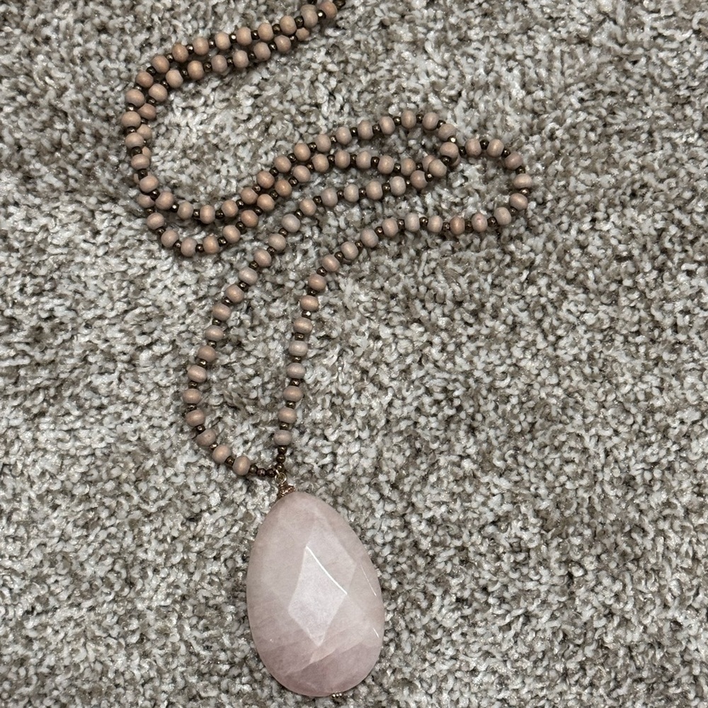 Natural Stone Pendant Necklace with Taupe Beaded Chain – Boho Neutral Statement - Picture 2 of 5